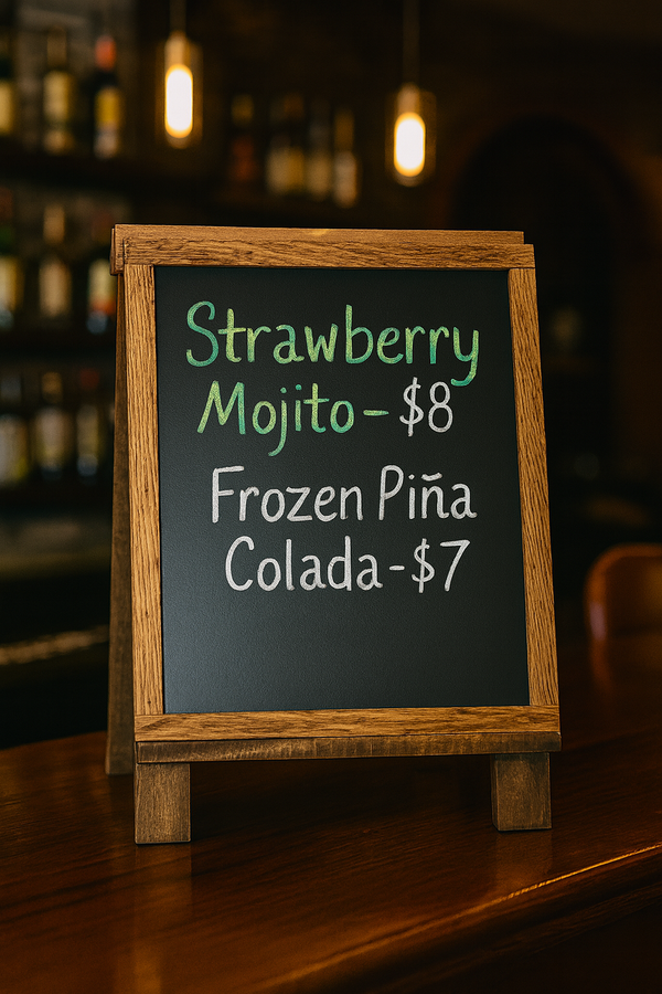 Rustic tabletop easel with chalkboard showing drink menu