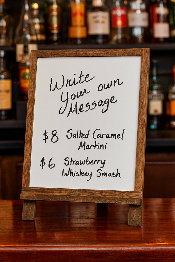 Wooden easel sign with whiteboard surface displaying cocktail specials