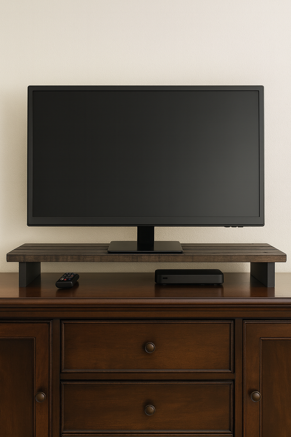40-inch rustic wooden monitor stand holding flat screen on desk