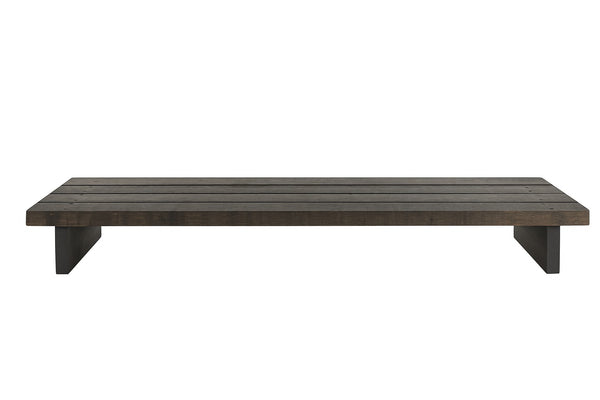 Front view of rustic 40-inch wooden monitor riser with slatted surface