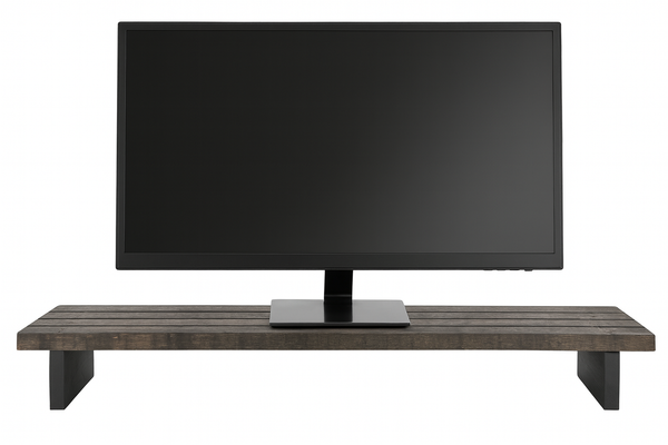 Rustic 40-inch extra-wide wooden monitor stand on dresser with TV