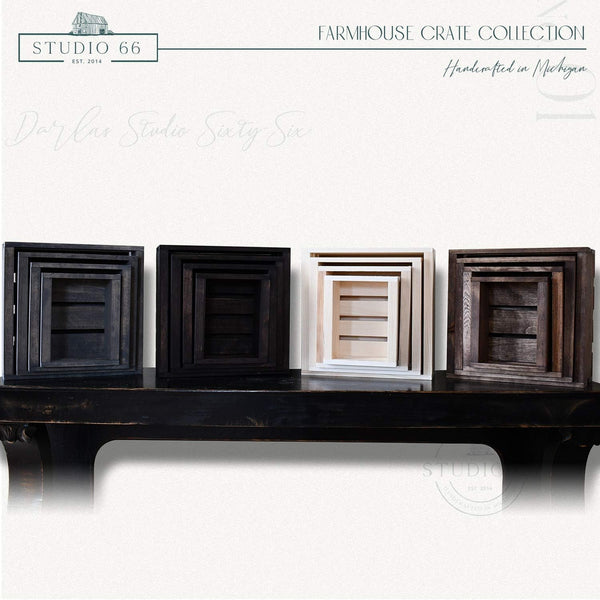 Farmhouse crate collection including natural, dark, and stained wood crates