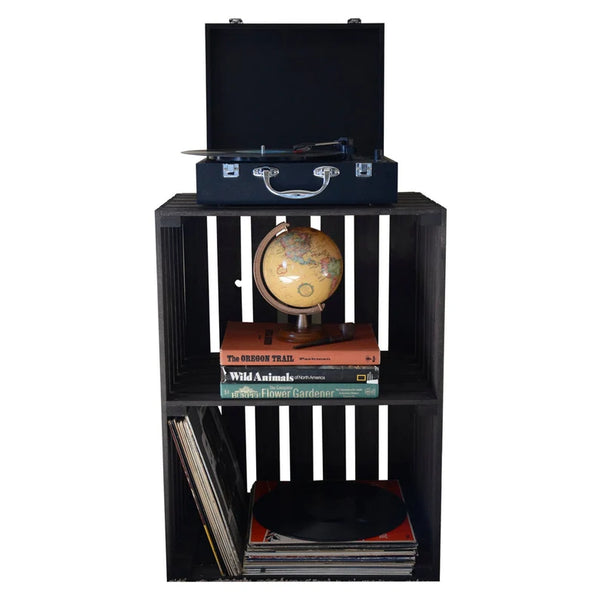 Farmhouse style dark wood record player stand with storage crates