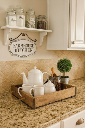 Rustic farmhouse serving tray with rope handles, perfect for kitchen, dining, or coffee table use.