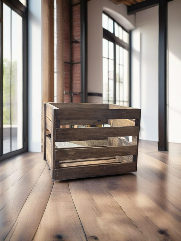 Medium brown vinyl record holder crate styled in farmhouse living room