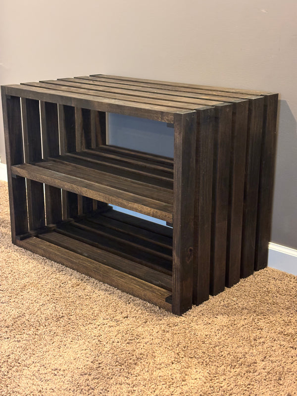 Farmhouse style dark walnut wood shoe organizer with two shelves