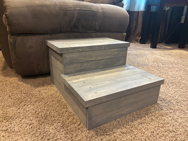 Handmade gray 2-step dog and cat stairs with rustic farmhouse finish.