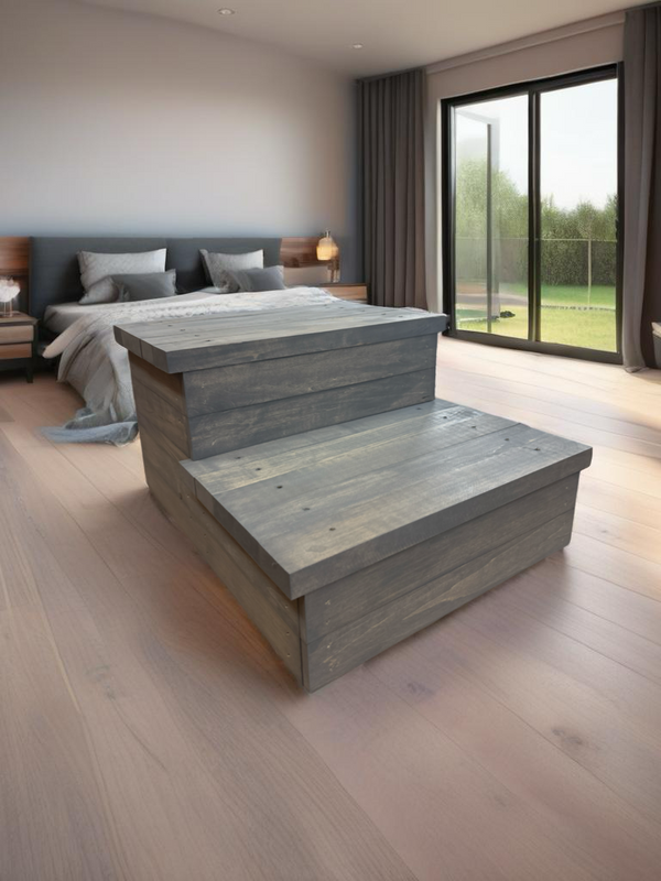 Gray 2-step wooden pet stairs placed in a bedroom, perfect for small dogs or cats to climb onto beds.