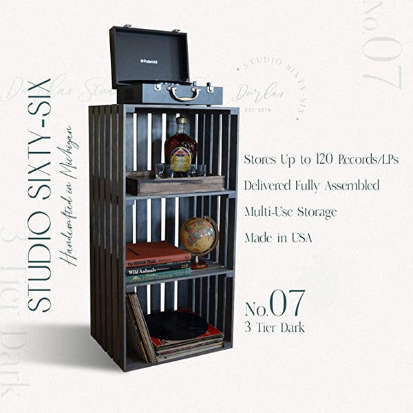 Rustic gray 3-tier turntable stand with product details highlighting storage for up to 120 vinyl records.