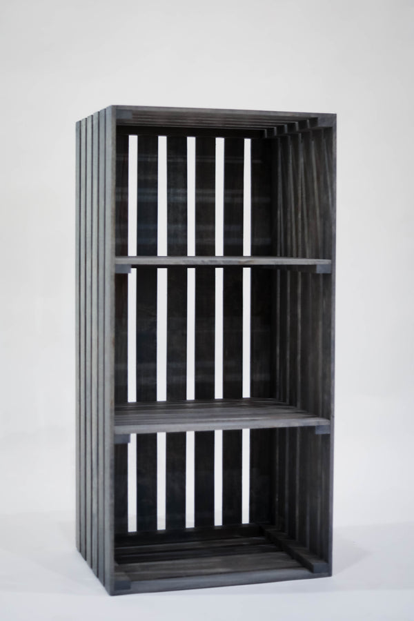 Rustic gray 3-tier wooden turntable stand with slatted design for vinyl record storage.