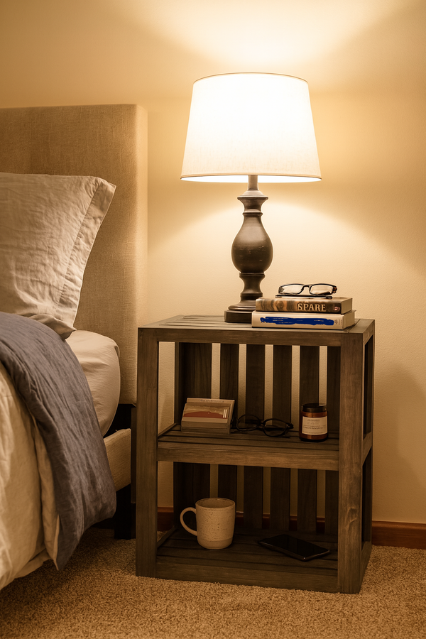 Gray farmhouse nightstand beside bed with lamp and stacked books.