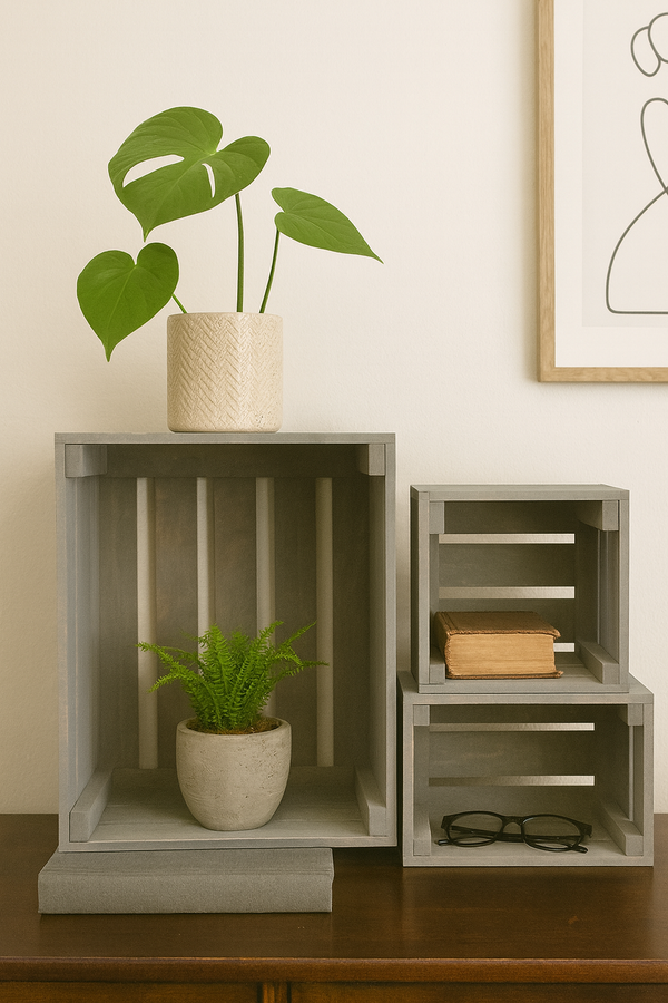 Rustic gray nesting crates set of 4 styled as shelves with books and plants
