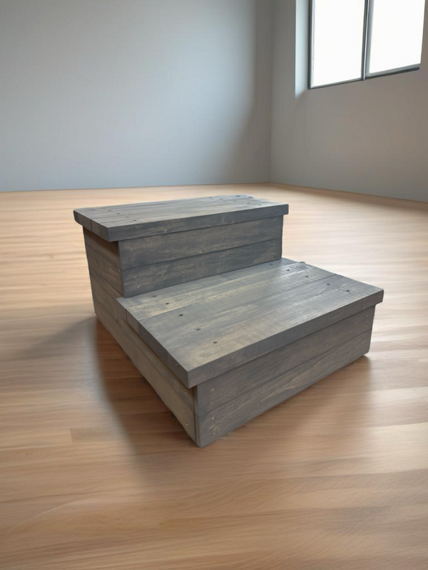 Gray rustic 2-step pet stairs displayed in a modern room with wooden flooring.