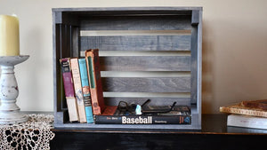 Gray slat end wooden crate for rustic farmhouse storage and decor