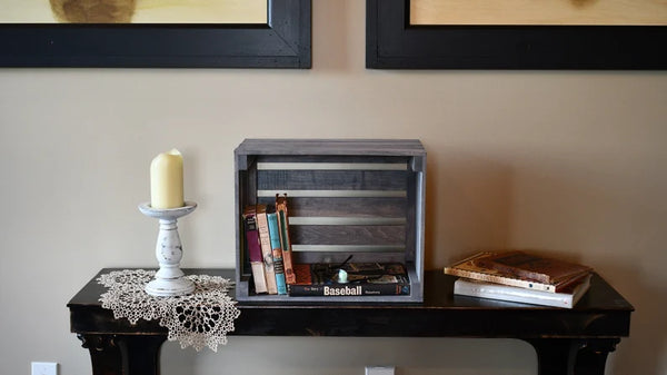 Handcrafted gray slat end crate for vinyl records or home organization