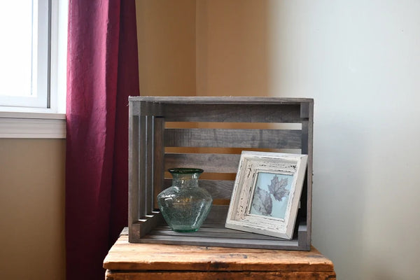 Durable gray wood slat end crate for farmhouse style organization