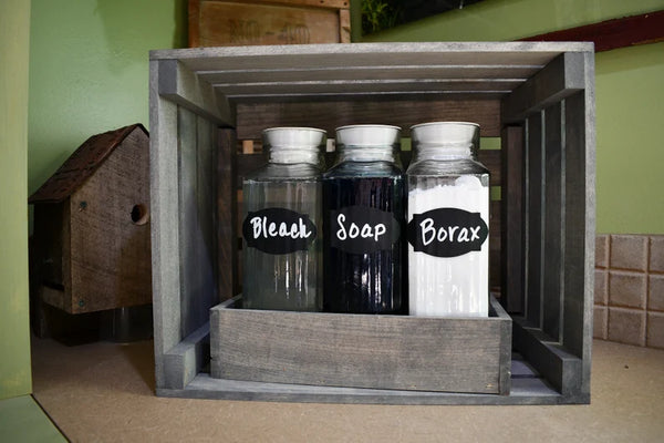 Gray wooden slat end storage crate perfect for rustic home decor