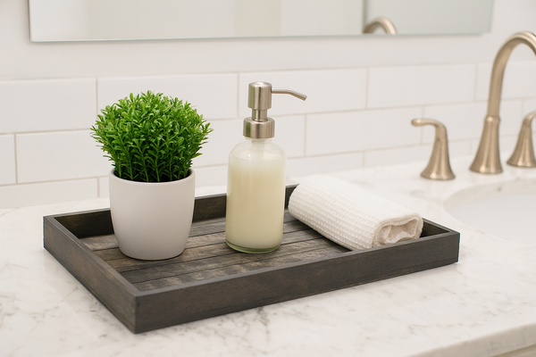 Rustic gray wooden tray styled with soap dispenser, plant, and towel in bathroom.