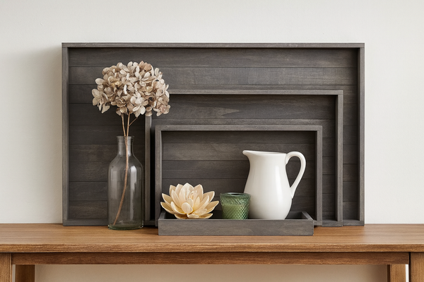 Farmhouse gray tray set styled with vase, candle, and pitcher.