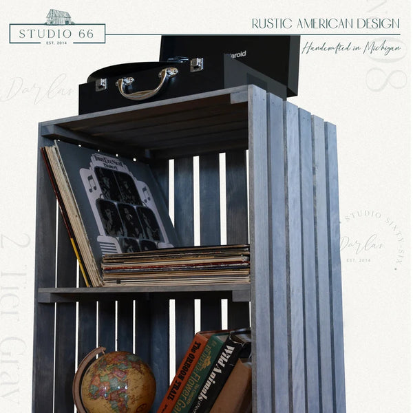 Rustic farmhouse gray turntable stand with records and globe decor.