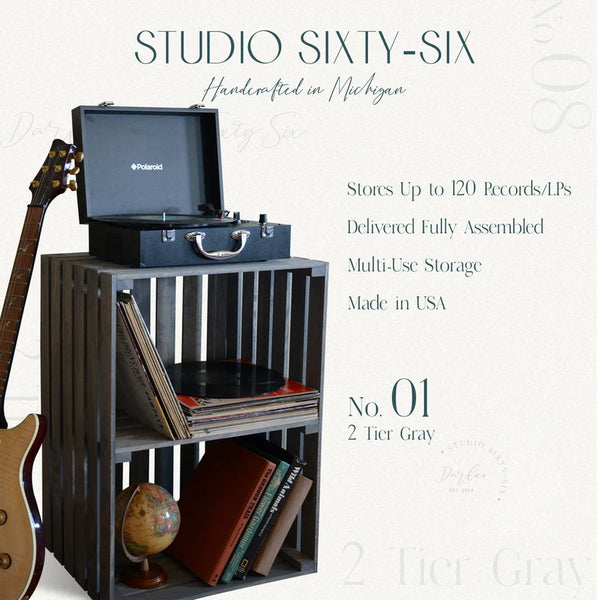 Rustic gray 2-tier record player stand with vinyl storage and product details.