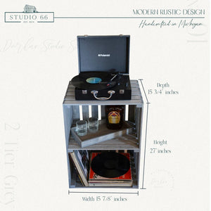 Gray wooden turntable stand with size dimensions for height, width, and depth.