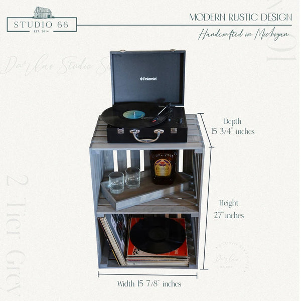 Gray wooden turntable stand with size dimensions for height, width, and depth.