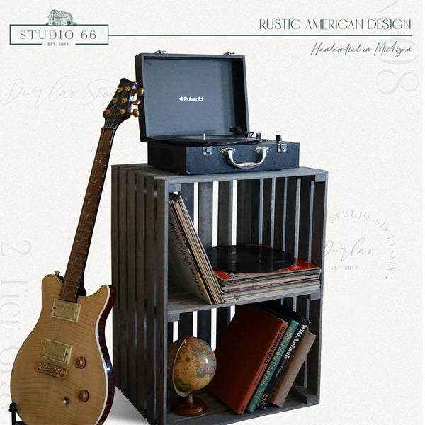 Rustic gray 2-tier turntable stand with vinyl storage and guitar decor.