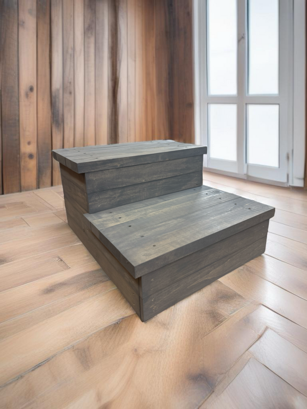 Rustic gray wood 2-step pet stairs on hardwood flooring, farmhouse-style pet furniture.