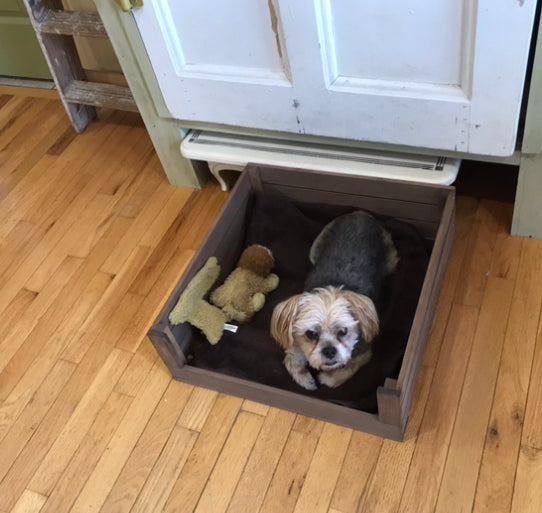 Wooden dog bed with medium brown stain, includes cushion and pet toys