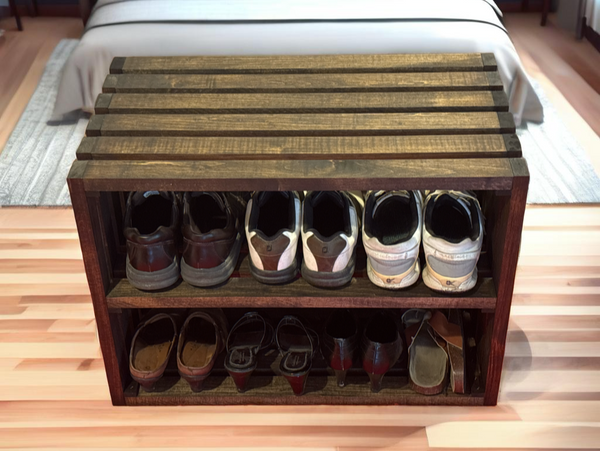 Handmade rustic shoe rack in dark walnut wood with slatted design