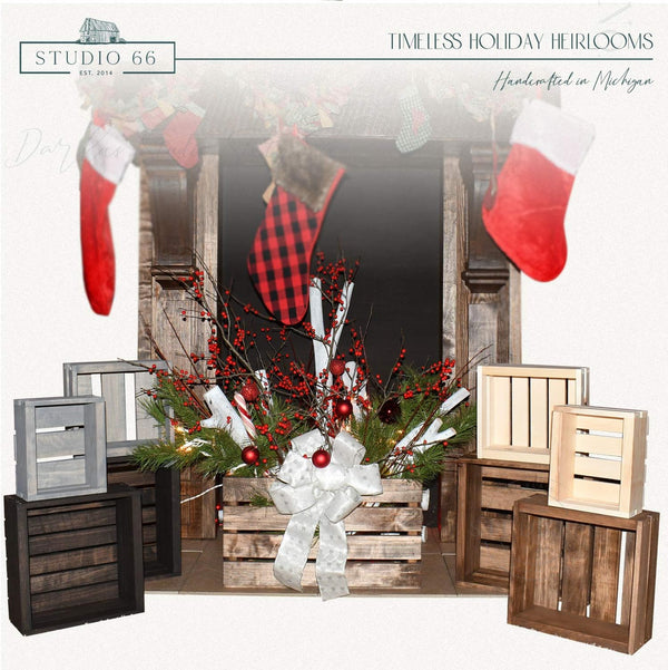 Holiday farmhouse mantel decorated with natural nesting crates and greenery