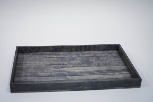 Large gray wooden serving tray with rustic farmhouse design, perfect for organizing or serving.