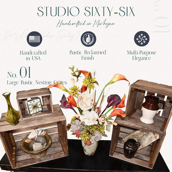 Farmhouse crate collection with rustic finish styled with flowers and decor.