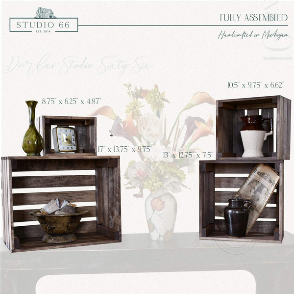 Wooden nesting crates in multiple sizes displayed with measurements.