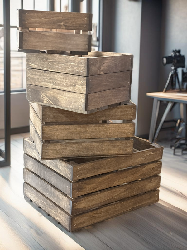 Rustic nesting crates stacked in farmhouse style with natural light.