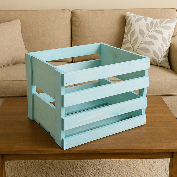 Vintage Blue wood record storage crate on coffee table