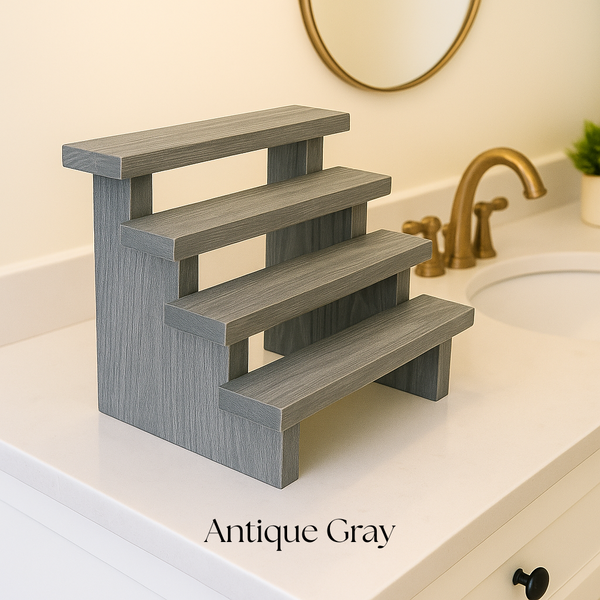 Rustic wooden makeup stand in antique gray finish, 3-tier organizer for cosmetics and bathroom counter storage.