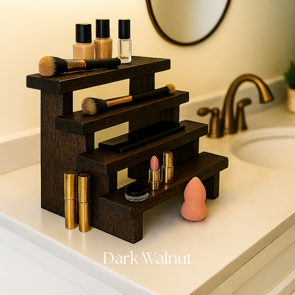 Wooden makeup stand in dark walnut finish, rustic 3-tier organizer for bathroom and vanity storage.