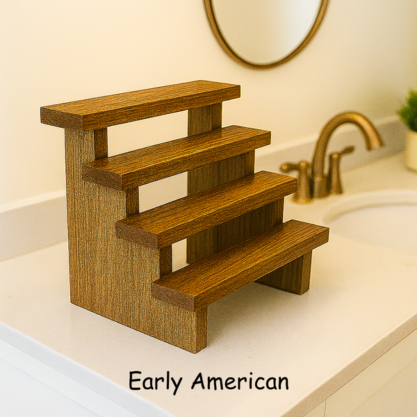 Rustic makeup stand in early American stain, farmhouse wooden 3-tier cosmetic and storage organizer.