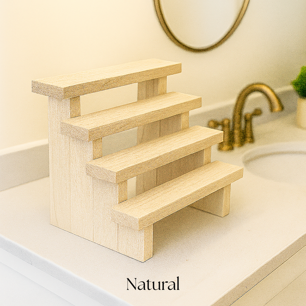 Wooden makeup stand in natural finish, rustic farmhouse-style 3-tier organizer for makeup and bathroom storage.