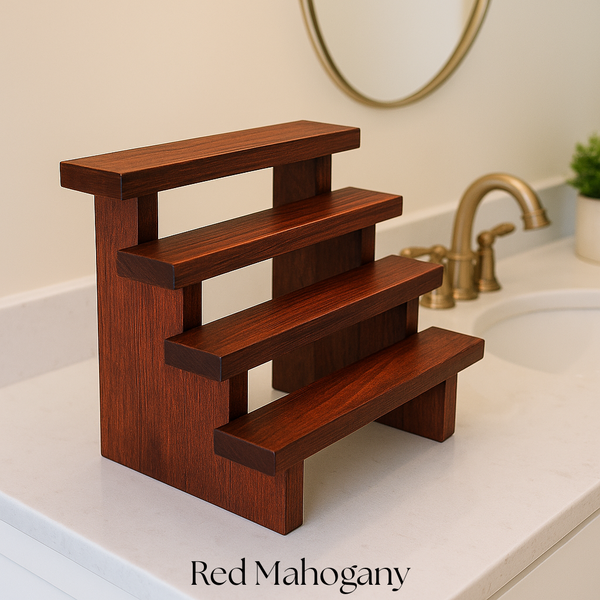 Farmhouse makeup stand in red mahogany stain, rustic 3-tier wooden organizer for cosmetics and decor.