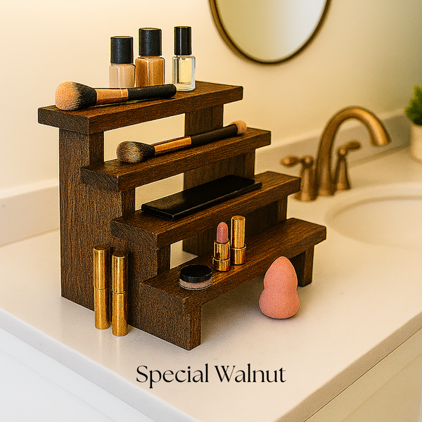 Rustic makeup stand in special walnut stain, farmhouse 3-tier wooden organizer for bathroom or vanity.
