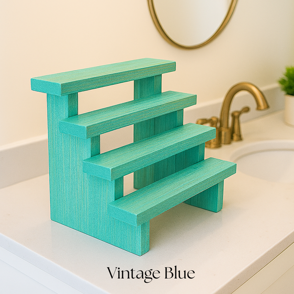 Farmhouse makeup stand in vintage blue stain, rustic 3-tier wooden organizer for makeup and counter storage.