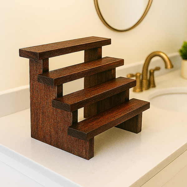 Rustic farmhouse makeup stand in vintage dark stain, 3-tier wooden organizer for bathroom vanity or decor.