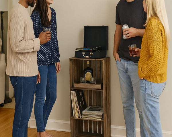 Medium 3-tier wooden turntable stand with rustic design for vinyl record storage

2.