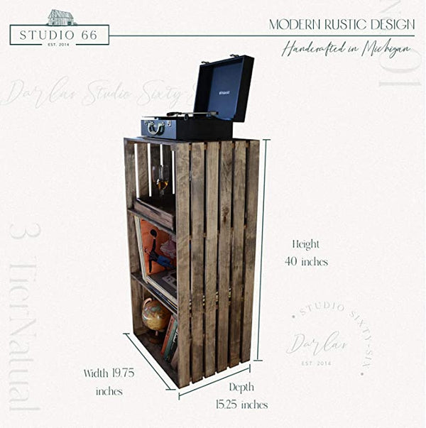 Farmhouse style medium 3-tier record player stand with vinyl storage
