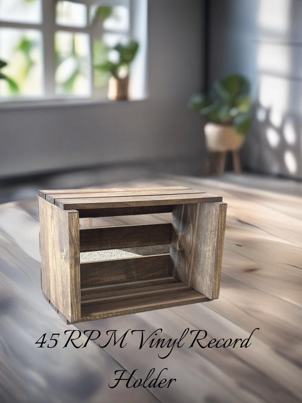 Front view of medium 45 RPM vinyl record storage crate, rustic wood design