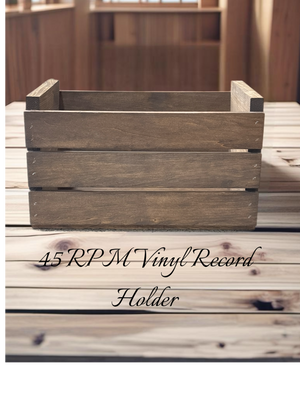 Rustic medium 45 RPM record crate on table with cozy background lighting