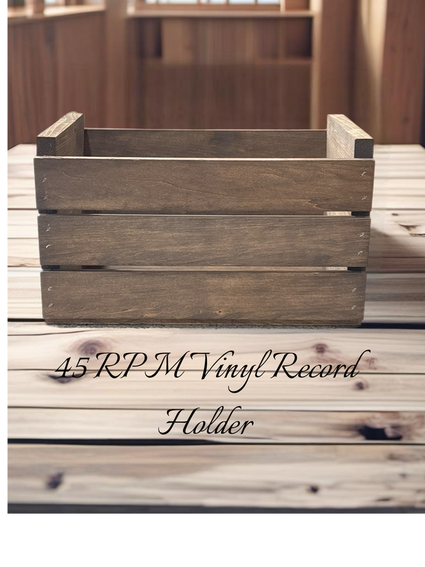 Rustic medium 45 RPM record crate on table with cozy background lighting